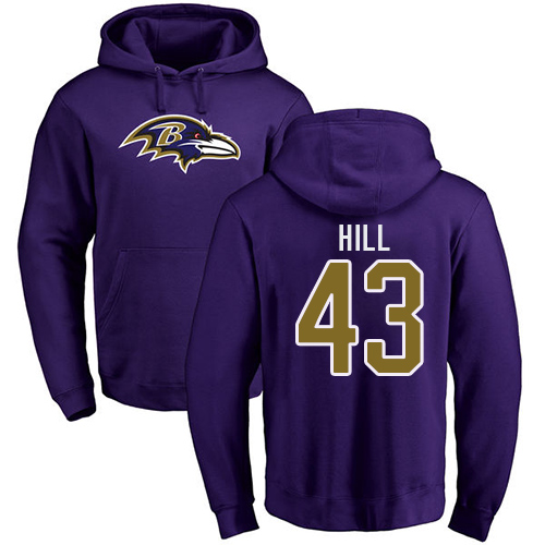 Men Baltimore Ravens Purple Justice Hill Name and Number Logo NFL Football #43 Pullover Hoodie Sweatshirt->nfl t-shirts->Sports Accessory